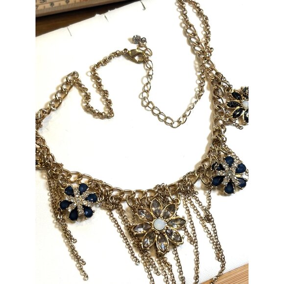 Gold Floral Statement fringe Necklace With Blue & Clear Gem Accents Dangle Chai - Picture 4 of 12
